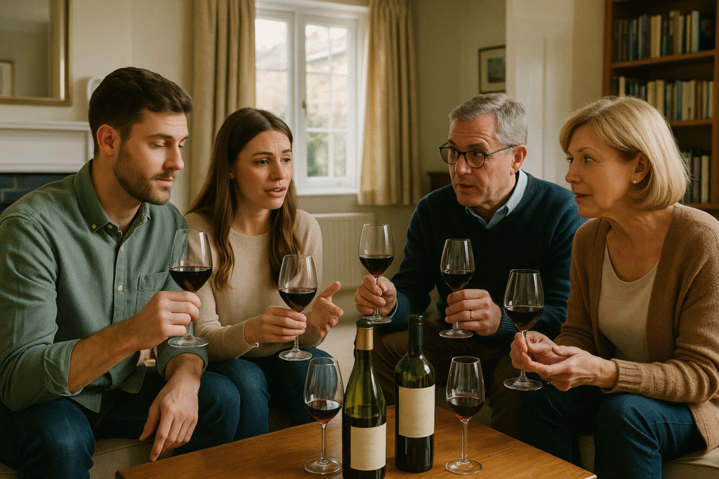 A couple sampling wedding wines with family at home